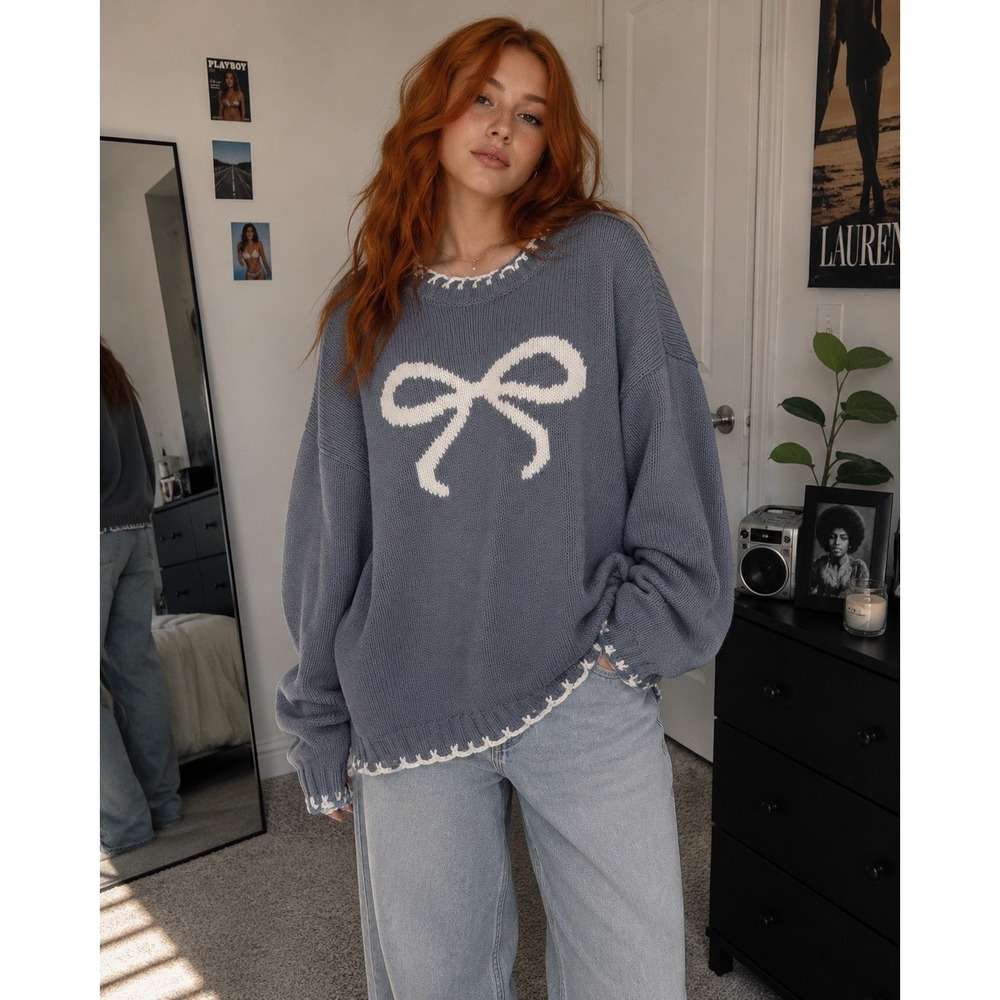 Sincerely Jules Blue Off-the-Shoulder Bow Knit Sweater with White Accent